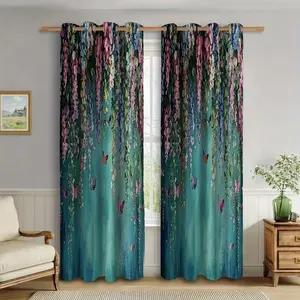Vintage Butterfly Vine Curtain Set, Window Curtain, Polyester Fabric Light Blocking Drapes, Ideal for Bedroom Living Room Kitchen