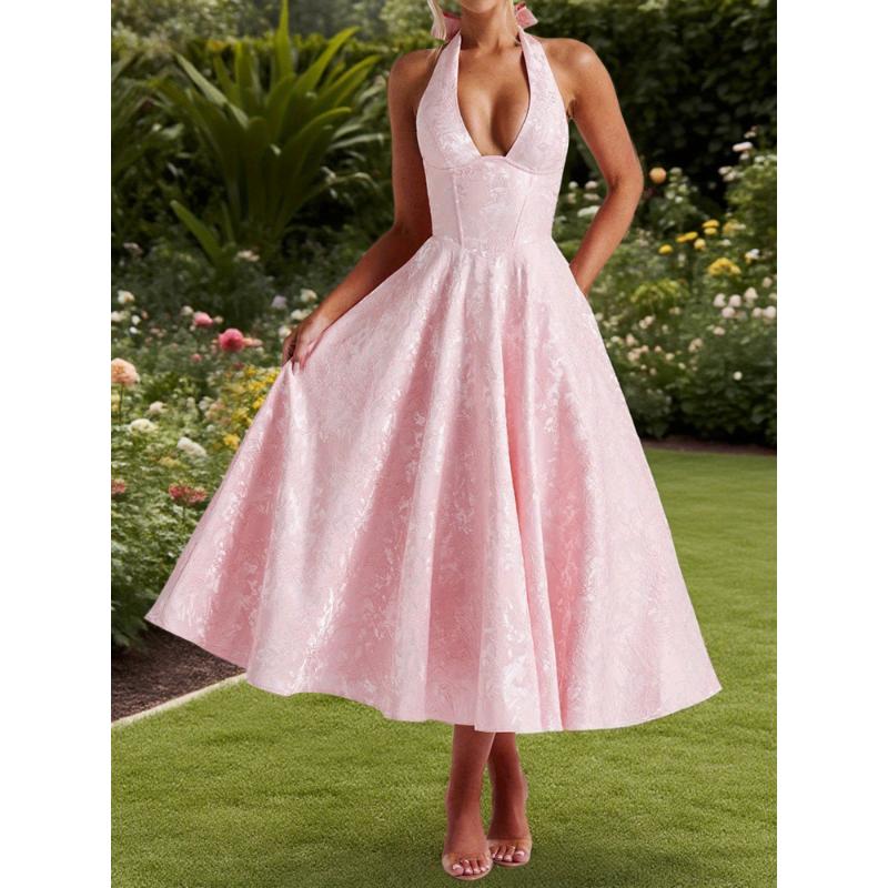 Women'S Elegant Jacquard Halter Neck Sleeveless Open Back A-Line Maxi Dress - Low-Cut Formal Party Evening Gown with Train, Solid White All-Season Evening Dress for Weddings, Proms & Special Occasions, Structured Waist & Flowing Skirt, Year