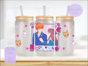 Fruits Basket Inspired 16oz Frosted Libby Glass Tohru & Kyo Reusable Cup with Lid Straw Anime Birthday Gift Sublimation Print