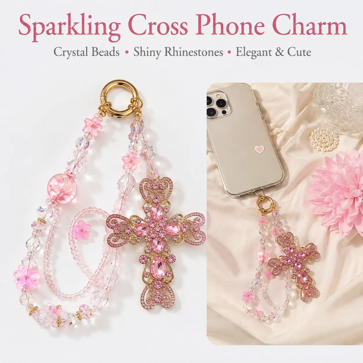 Pink Blue Rhinestone Cross Crystal Beaded Phone Charm, Sparkly Floral Handmade Phone Wrist Strap, Lightweight Anti‑Lost Phone Decoration, For Fashion Women Girls Y2k Aesthetic Bag Key Pendant With Universal Phone Patch Tab-YY0