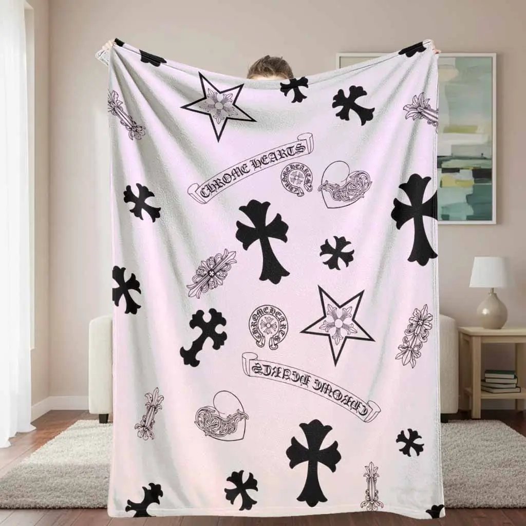 Gothic Cross Flannel Printed Blanket - Chrome Hearts Style, Soft Warm Fluffy Cozy Decorative Blanket, Fade-Resistant Plush Soft Bedding Throw, Home Use, Bedroom/Couch Decor, Halloween Gift, Decorative Blankets, Fluffy Cozy Blankets