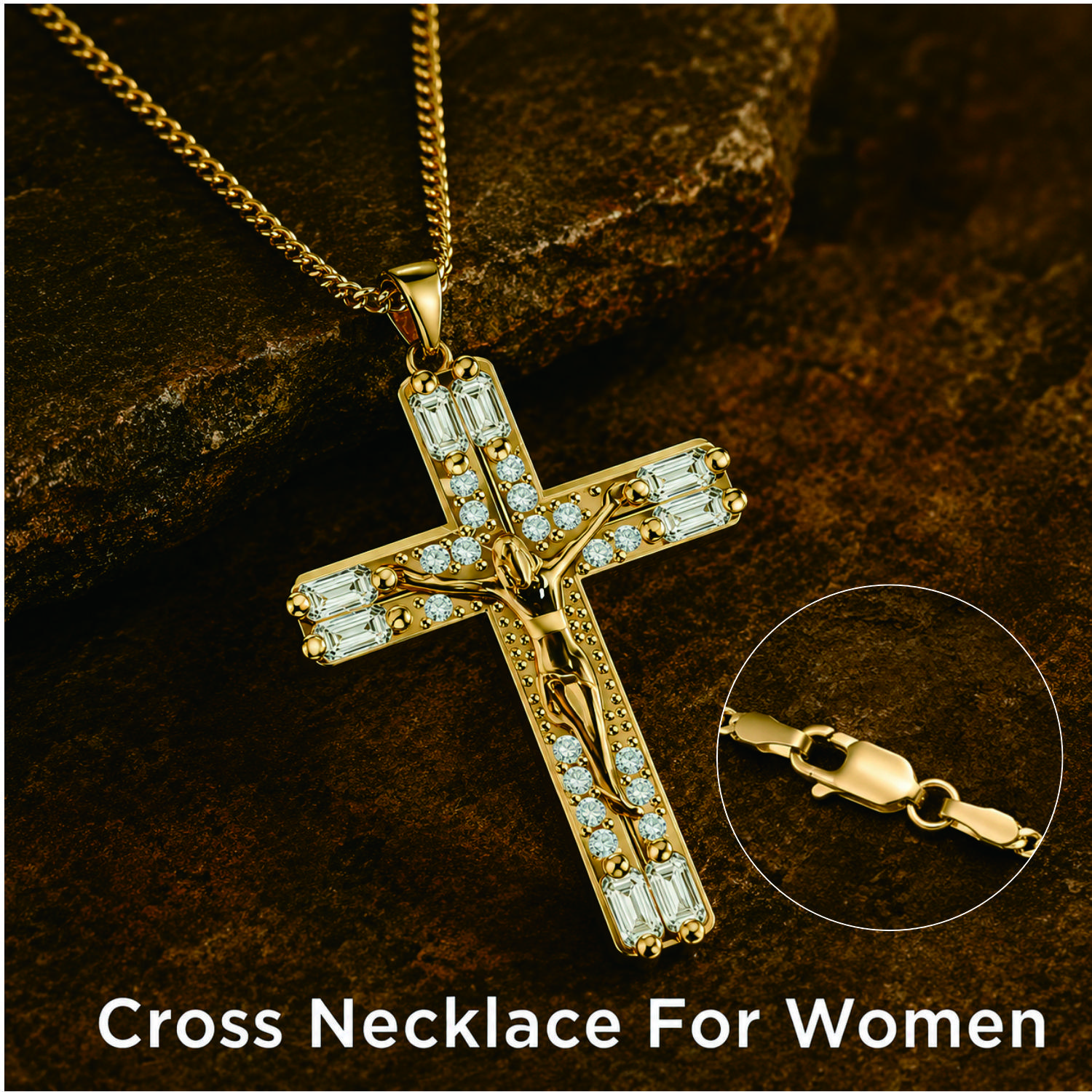 【AMKMAX】14k Gold Plated Crucifix Cross Necklace , Rhinestone Stone Pendant Necklace, Christian Jesus Cross Chain Jewelry Gift accessories y2k style luxurious husband valentine mom birthday woman elegant