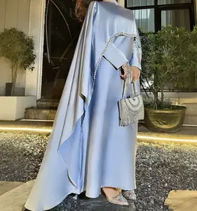 Luxury Satin Cape Abaya Dress for Women, Modest Evening Gown for Eid, Wedding and Party