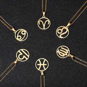Stainless Steel Necklace Golden/Silver Hollow Zodiac Symbol Necklace Women's Daily Wear Gift