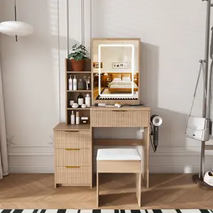 Modern Vanity Desk with 3-Mode LED Mirror & Adjustable Brightness, 4 Drawers & Multiple Open Shelves, Built-in Power Socket & Hair Dryer Holder, Includes Dressing Chair for Bedroom