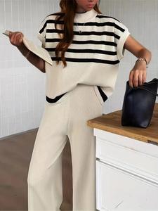 women's striped print batwing sleeve fabric knit top & wide leg pants sweater coordinate set, elegant mock neck lightweight knitted top & high waisted trousers, casual matching women's summer outfits, womenswear, lightweight clothes