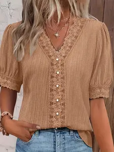 Women's Lace V Neck Bubble Sleeve Top, French Style Casual Patchwork Loose Shirt, Plus Size Slimming Versatile Blouse for Spring Summer