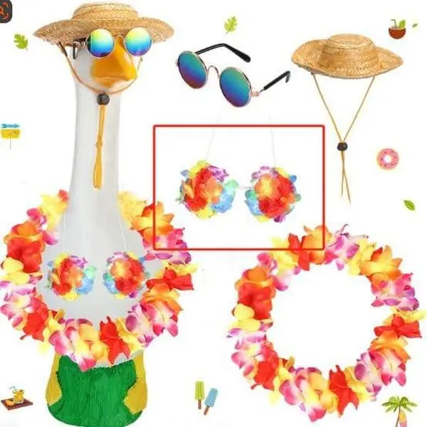 4 count Porch Goose Summer Outfit,Straw Hat and Hawaiian Lei Costume,for 23"/17" Lawn Goose Statue,Goose Clothes for Yard Goose