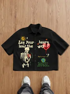 Men's Cool Graffiti Style Casual Short Sleeve Shirt, Skull Heart Print, Soft Fabric, Perfect for Dating, Streetwear, Vintage Look