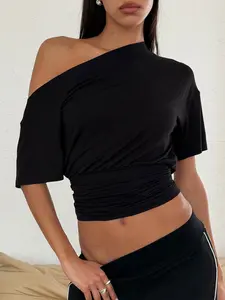 Women's Cinched Waist Asymmetrical One Shoulder Crop Top Slim Fit Sexy Casual Solid Off The Shoulder T-Shirt