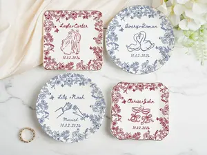 Personalized Engagement Ring Dish, Custom Couple Name Trinket Dish, Floral Wedding Ring Holder, Bridal Shower Gift, Keepsake Plate