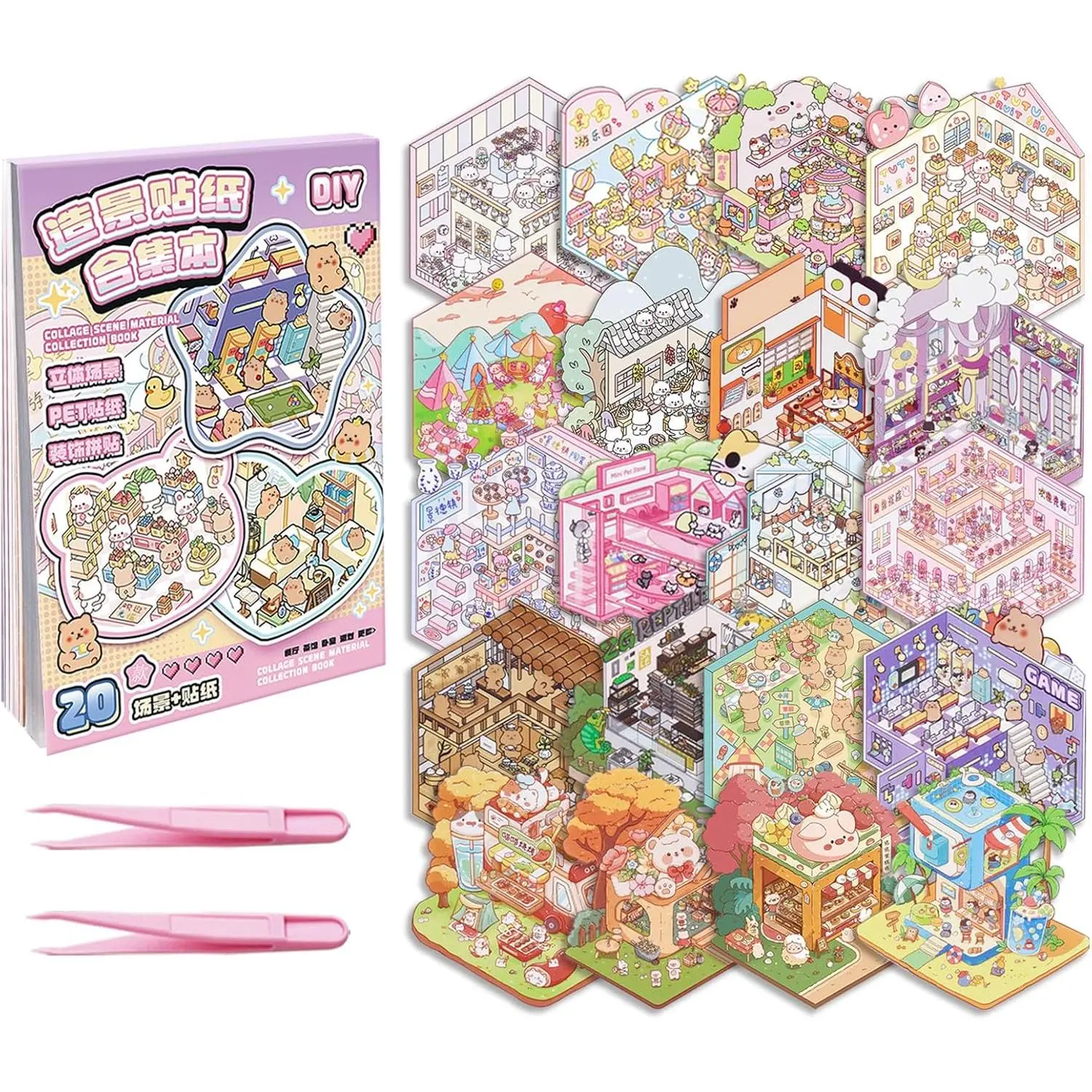 20 Sets DIY 3D Sticker Scene Collection Book DIY 3D House Stickers Make Your Own Sticker Therapy Cute Cartoon Stickers Scenes for Relief Stress Pass The Time