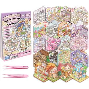 20 Sets DIY 3D Sticker Scene Collection Book DIY 3D House Stickers Make Your Own Sticker Therapy Cute Cartoon Stickers Scenes for Relief Stress Pass The Time