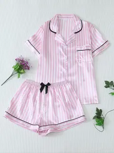 Two-piece Set Women's Striped Print Contrast Binding Lapel Neck Pajama Set, Short Sleeve Button Up Top & Bow Decor Elastic Waist Shorts Pj Set, Women's Sleepwear for All Seasons, Shorts Pyjama Set