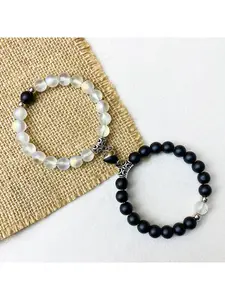 Handmade Magnetic Couple Bracelet, Opal Matte Black Agate Beaded Matching Couple Bracelet, Adjustable Elastic Long-Distance Relationship Bracelet, Love-Bonded Jewelry Gift