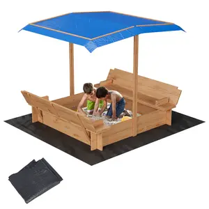 Kids Wooden Sandbox with Adjustable Canopy, Outdoor Cabana Sand Box with Cover Lid & 2 Foldable Bench Seats, Perfect for Backyard Play