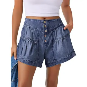 Women's Denim Shorts Summer Baggy High Waisted Flowy Wide Leg Buttons Pleated Casual Jean Shorts 2025 Fashion Skorts Bottoms Fabric