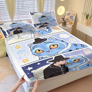3-Piece K-pop Anime Blue Cat & Dark Style Boy Fitted Sheet Set, 1 Fitted Sheet + 2 Pillowcases, Soft Comfortable Breathable Fabric, Deep Pocket Non-Slip Mattress Cover, All Season Kawaii Cartoon Bedding, Ideal for Kids Girls Teens Bedroom Decor or Gift