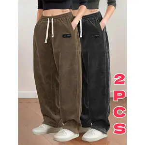 2Pcs Women's High Waist Corduroy Pants, Spring Fall Casual Joggers, Elastic Drawstring Waist with Back Pockets, Loose Fit Solid Casual Trousers for Daily Dating Streetwear Women's Clothing
