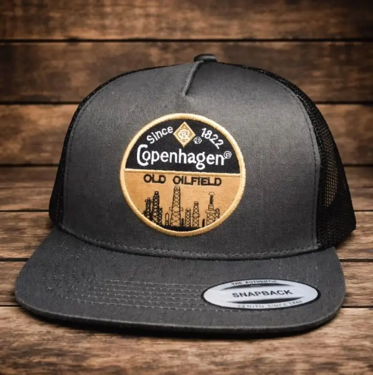 [BEST 2026] Copenhagen Old Oilfield Trucker Hat, Vintage Snapback Cap Since 1822 Patch, Charcoal Gray Mesh Hat, Western Oilfield Style, Adjustable Flat Bill Cap Gift for Him