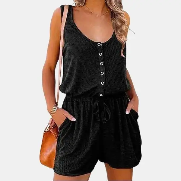 PrettyGarden Summer Outfit Women's Scoop Neck Casual Jumpsuit Button Down Sleeveless  Rompers With Pockets Tank Top