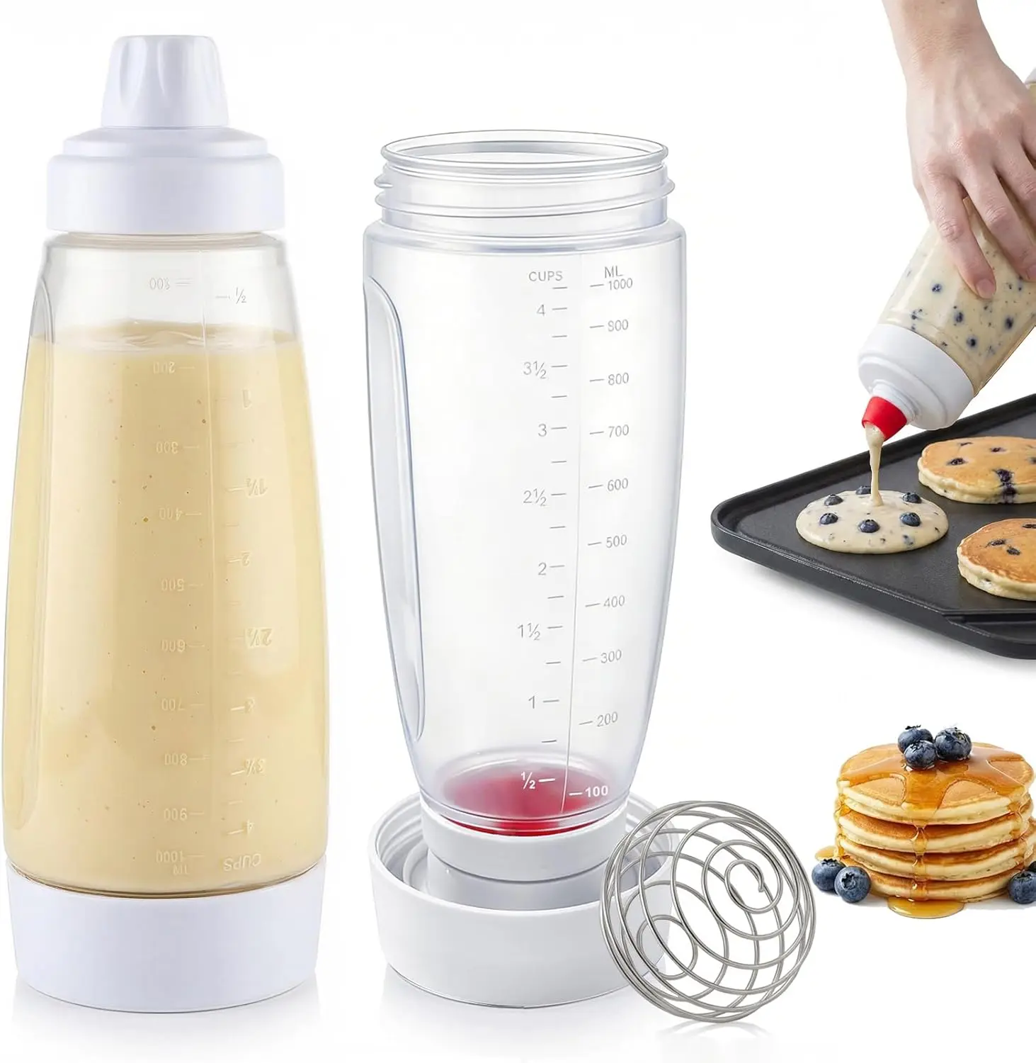 Handheld Pancake Batter Dispenser,Batter Mixing Bottle with Blender Balls,Batter Squeezer Bottle,Easy Pour Spout Reusable Silicone Bakeware,Kitchen Gadgets for Home Use,Utensils,Perfect for Pancakes,Waffles,Muffins & Cupcakes