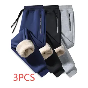 3pcs Men's Fleece-Lined Joggers Casual Warm Fleece Athletic Pants- Comfortable Solid Color, Polyester Sweatpants with Pockets for Winter