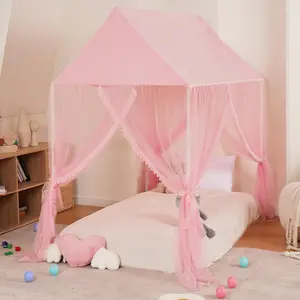 Bed Canopy for Girls - Pink Princess Castle Dreamy Playhouse Mosquito Net Reading Nook Play Tent Canopy Bed Curtains for Kids Twin Pink, Frame Not Included