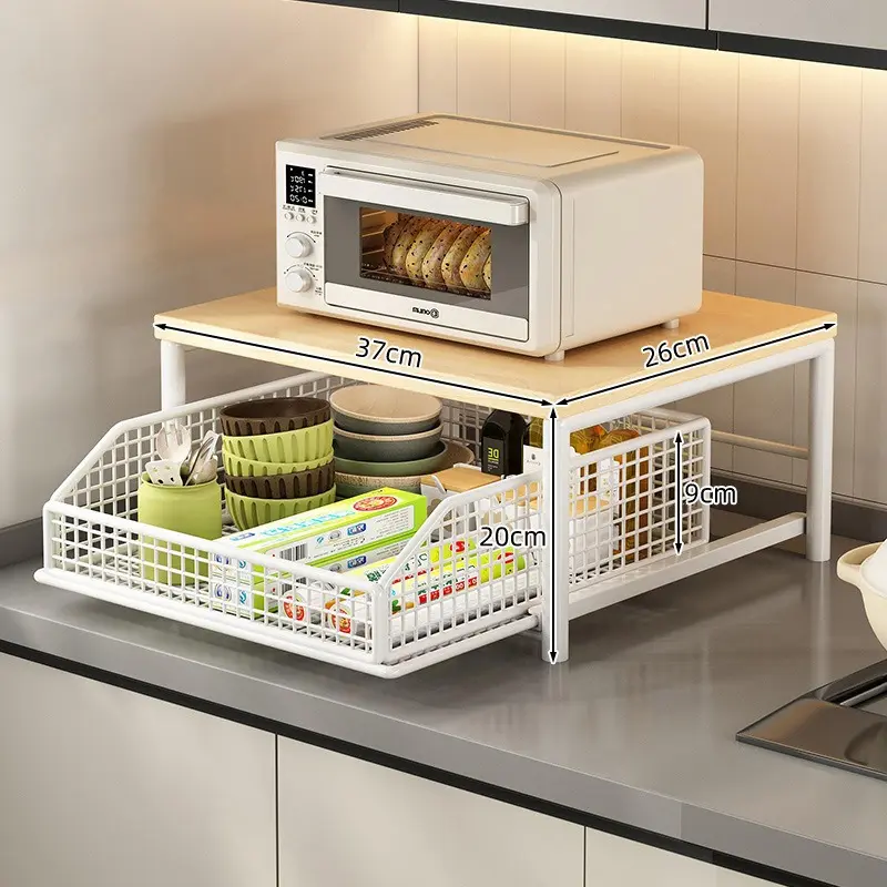 Kitchen Countertop Microwave Stand, 2-Tier Storage Organizer With Sliding Basket, Natural Wood & Metal Frame, For Kitchen Pantry, Sturdy Countertop Shelf For Microwave & Spices