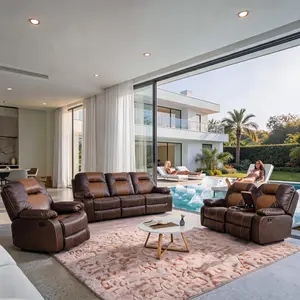 ainehome Modern Genuine Leather Breathing Recliner Sofa Set 3-Piece Couch Living Room Sofa Set furniture Breathable davenport