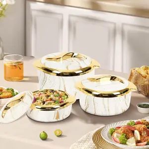 Marble Pattern Food Warmer Set, Each Set Includes 3 Pieces Modern Stainless Steel Insulated Casserole Set with Lid, Buffet Serving Bowl, Heat-Resistant Baking Tray