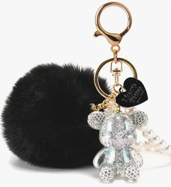 Women's Bling Teddy Bear Wristlet, Bag Charm with Pearl Strap, Pom Pom Ball & Large Opening - Anniversary Gift Accessory, Cute Keychain, Key Charms, Keychain Collectibles, Birthday Gift Ideas, Thanksgiving, Cute Keychains For Car Keys, Kawaii Accessories