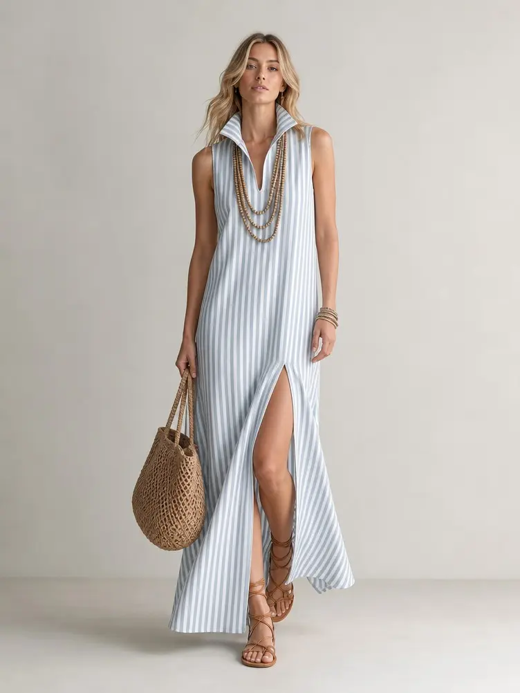 2026 Summer Sleeveless Stand Collar Maxi Dress Zip V Neck High Side Slit Loose Straight Vacation Outfit Bohemian Resort Style Women Fashion Perfect For Beach Getaway Island Trip Picnic Daily Stroll Holiday Casual Going Out Chic Womenswear