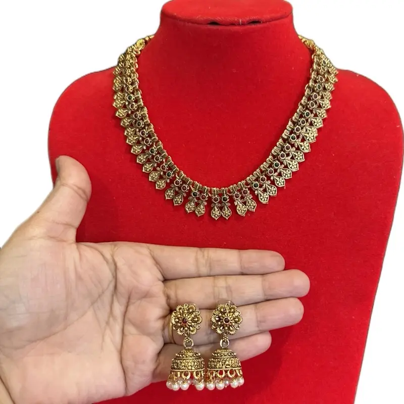 Women's Gold-Toned Traditional Temple Art Jewelry Set - 2-Piece Mini Necklace & Matching Earrings for Ceremony, Cultural Events, Elegant, Female, Ethnic, Cultural Significance
