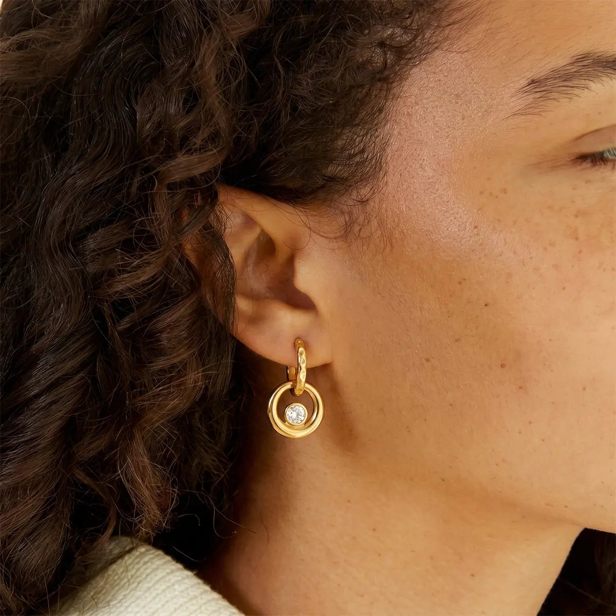 Emma's Heart | Textured Echo - 18K Gold Plated Hammered Double Hoop Earrings with Shimmering Zirconia
