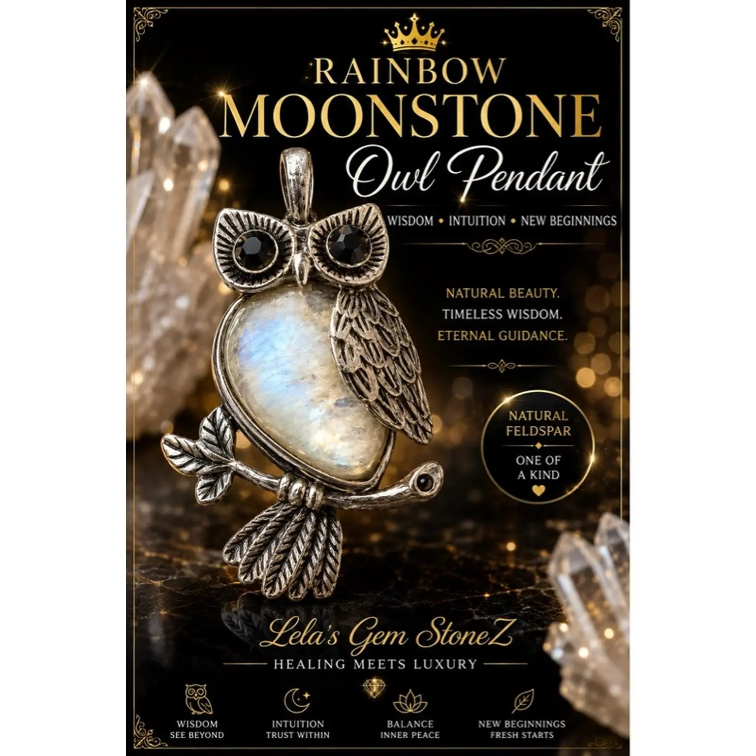 Lela's Gem StoneZ Rainbow Moonstone Owl Pendant Vintage Silver-Tone Setting Natural Rainbow Moonstone Wisdom & Intuition One of a Kind Healing-=%2=--=%2=-  Jewelry=%2=--