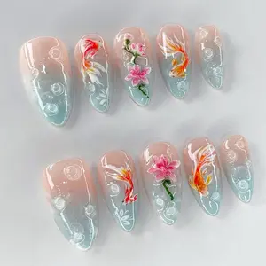 Koi Pond Bliss Press On Nails, Koi Floral Acrylic Nails, Serene Waters Nail Art, Blossoming Fake Nail