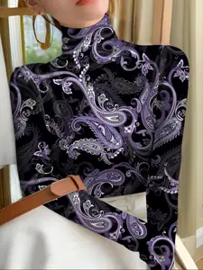 Women's Plus Size Turtleneck T-Shirt, High-End Premium Design, Digital Print Pattern, Perfect for Casual & Stylish