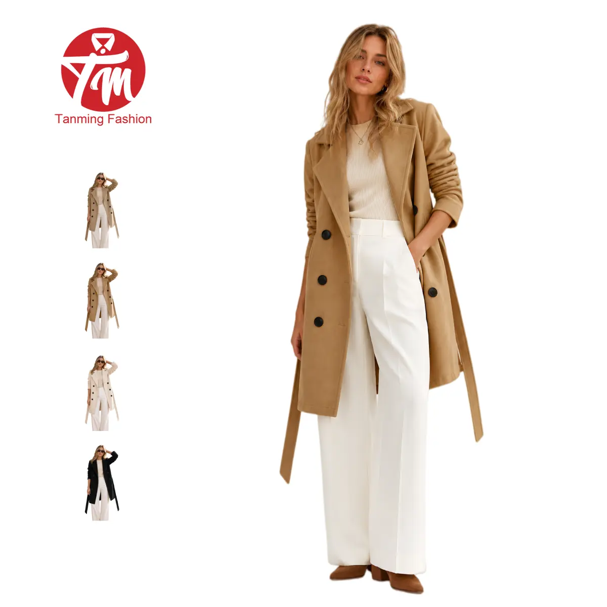 Tanming Women's Chic Fitted Long Sleeve Basic Double-Breasted Faux Wool Trench Coat - Long Winter Jacket for Casual, Elegant Outfits, Jackets, Outerwear, Faux Wool Mix, Machine Wash