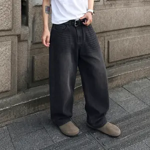 Men's 90s Baggy Denim Jeans,Washed Charcoal Black Loose Fit Jeans,Y2K Streetwear Retro Whiskered Wide Leg Pants,Casual Skater Vintage Denim Bottoms,baggy wide-leg denim jean Durability Garment