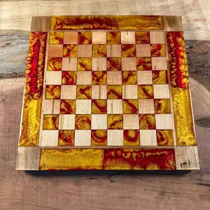 Red Lava Golden Maple Wood Chess Board (INCLUDES PIECES)