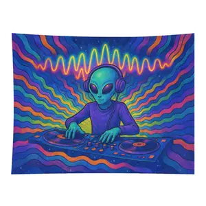 Alien Dj Tapestry Psychedelic Wall Hanging Colorful Wave Pattern Music Festival Decor Art Print For Room Bedroom Living Space Tapestry: Psychedelic Space Music Rave Decor