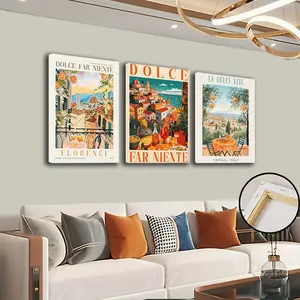 Italian Style Triptych Decorative Painting, Florence Coastal Town Framed Print, Living Room Dining Room Wall Art, Vintage Romantic Wallpaper