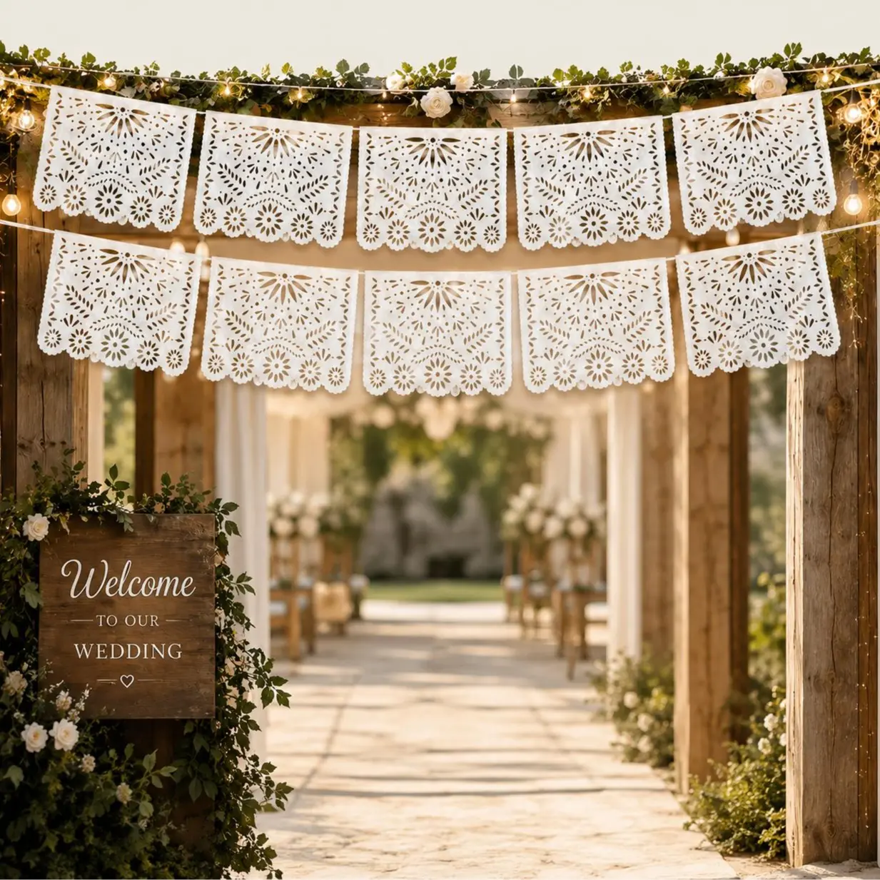 White PVC Papel Picado Cielito Lindo Flags - 3 Packs 59ft Festive Backdrop Banner, No Stress Easy Install No Fraying Fade-Resistant, Mexican Fiesta Wedding Photo Entrance Decor, Indoor/Outdoor Home Garden Porch Supply, Large Size