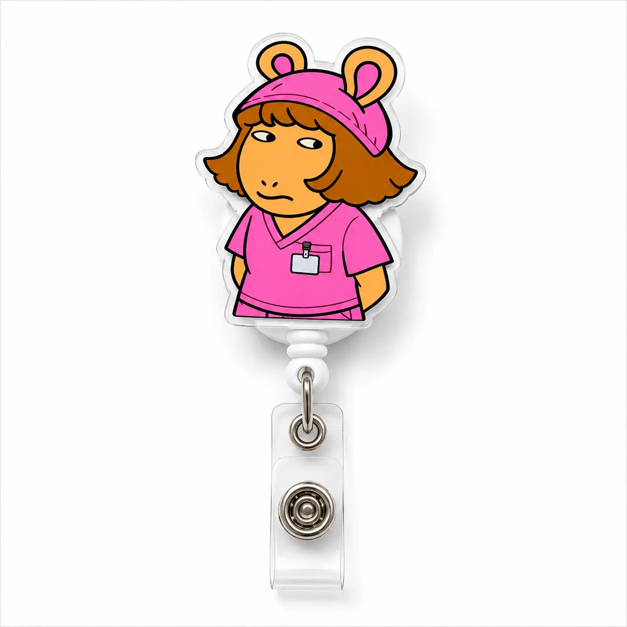 Funny Side Eye Nurse Badge Reel, Pink Scrub Acrylic Retractable ID Holder with 24-Inch Cord and Swivel Clip