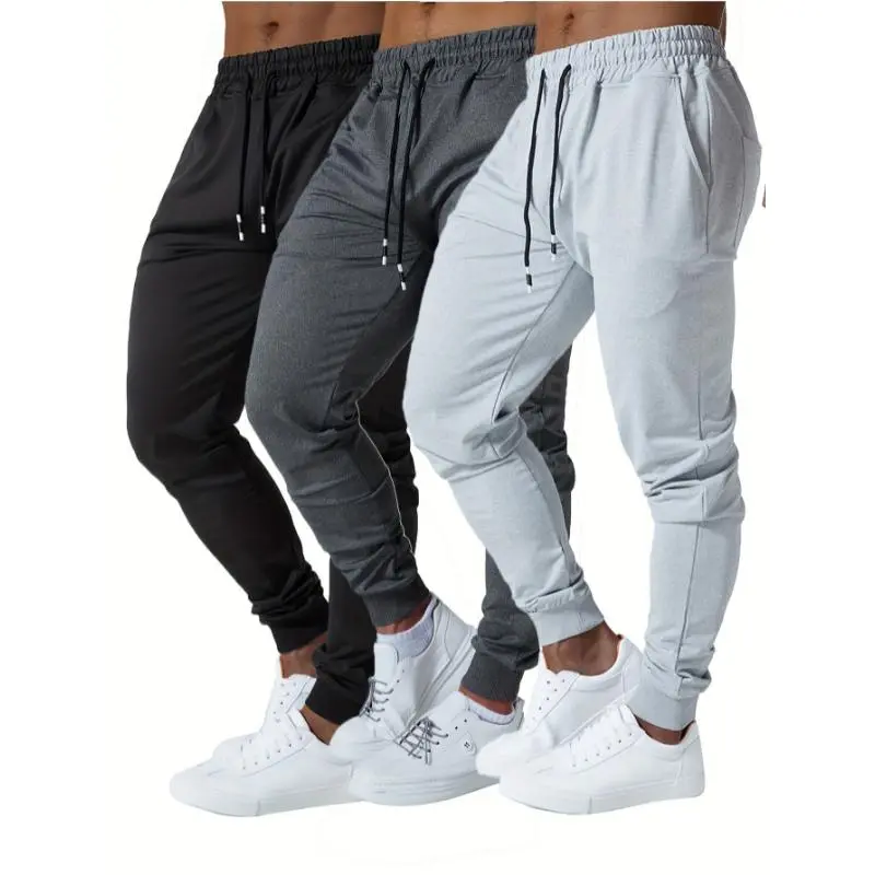 3pcs Men's Jogger Sweatpants - Ultra Elastic Waist with Deep Side Pockets, Cotton Blend, Ideal for Gym & Running, Machine Washable - Black, Navy, Gray Casual Athletic Jogging