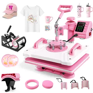 AKEYDIY 8 in 1 Pink Heat Press Machine for T-shirts, 15''x12'' Heat Transfer Machine for Tshirts, Heat Printing Press for Sublimation Combo with 360° Swing Away for Hat Cap Mug Plate, Beginner-friendly, Christmas Gifts Design Handicraft