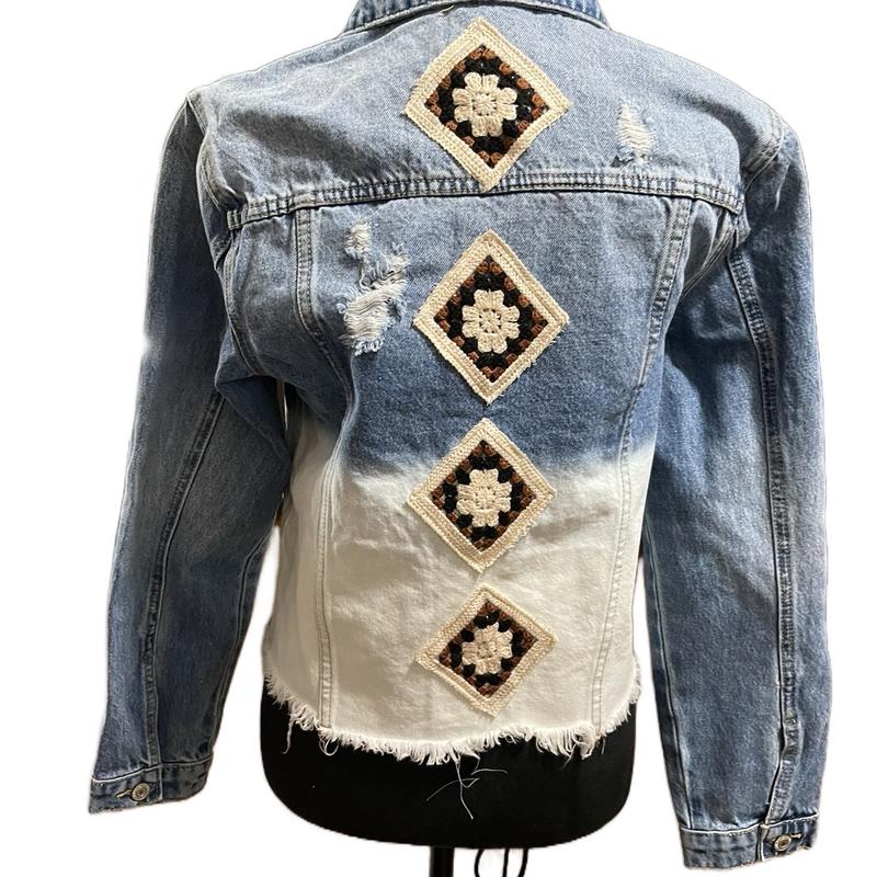 Women's Ombré Raw Hem Denim Jacket with Black, Brown and Ivory Crocheted Squares - Womenswear, Coats