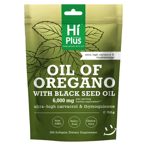 HiPlus Oregano Edible Oil with GMO-Free Black Seed Oil Dietary Supplement - 300 Capsules, 24-Month Shelf Life, Allergen-Free (Gluten, Dairy, Tree Nuts), Natural Antioxidant Boost, Botanical Extracts for Adult Fitness Support, Gluten Free, 24 Months