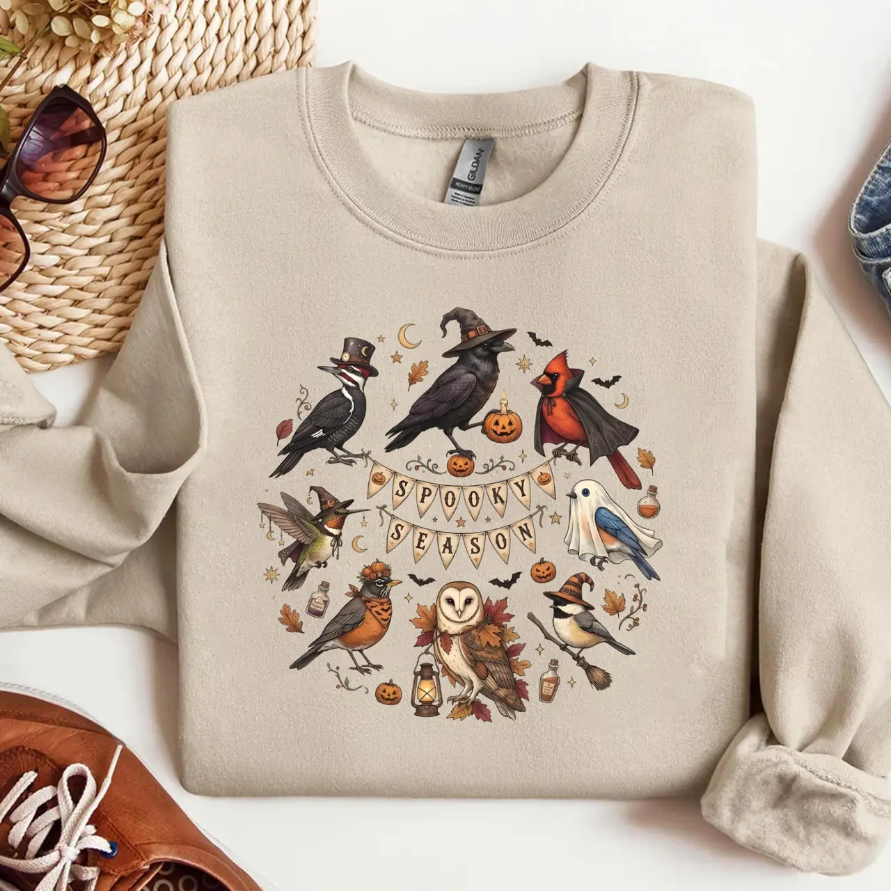 Spooky Season Birds Sweatshirt, Halloween Bird Graphic Crewneck, Cute Crow Owl Cardinal Ghost Bird Shirt, Fall Autumn Halloween Gift for Bird Lovers
